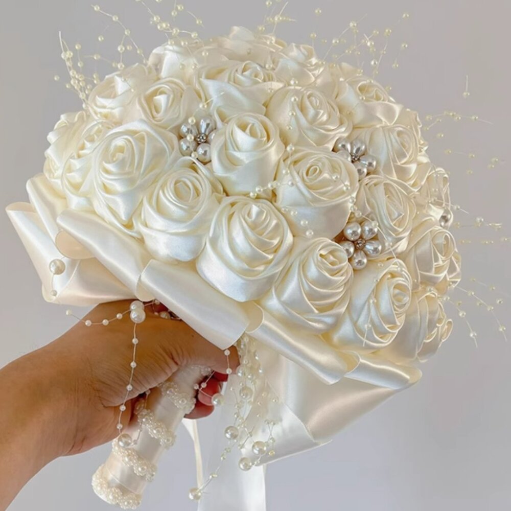 DIY Pearl Wedding Bouquet with Satin Flowers | Bridal Flowers Decor Ribbons Lace